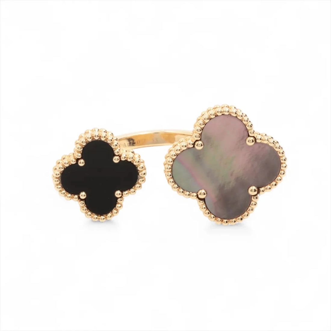 VAN CLEEF & ARPELS MAGIC ALHAMBRA GRAY ONYX RING: Van Cleef & Arpels Magic Alhambra Gray Onyx Ring Brand: Van Cleef & Arpels Type/Style: Ring Material: 750(YG) Color: Not Specified Size: 5.5 - 5.75 US Accessories: None Accessories Notice: When