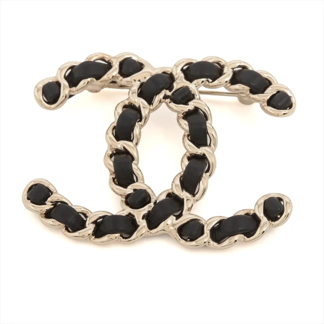 CHANEL COCO MARK B25C BROOCH GP & LEATHER GOLD×BLACK (1 of 3)
