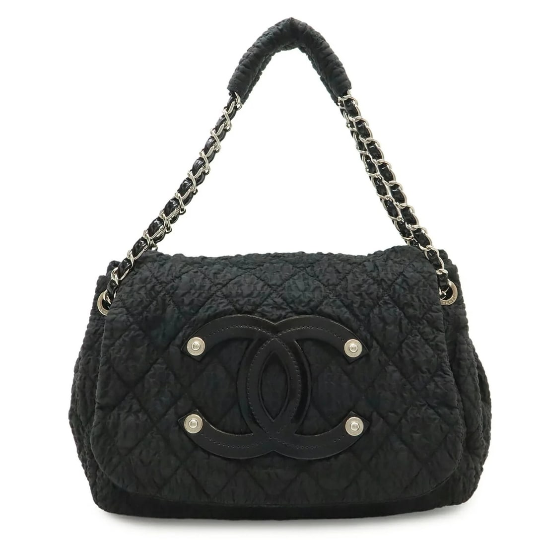 CHANEL COCO MARK CHAIN SHOULDER BAG: CHANEL Coco Mark Chain Shoulder Bag Brand: Chanel Type/Style: Shoulder bag Material: Nylon , Leather Color: Black Size: (HxWxD) 24cm x 33cm x 17.5cm / 9.44'' x 12.99'' x 6.88'' Accessories: None <