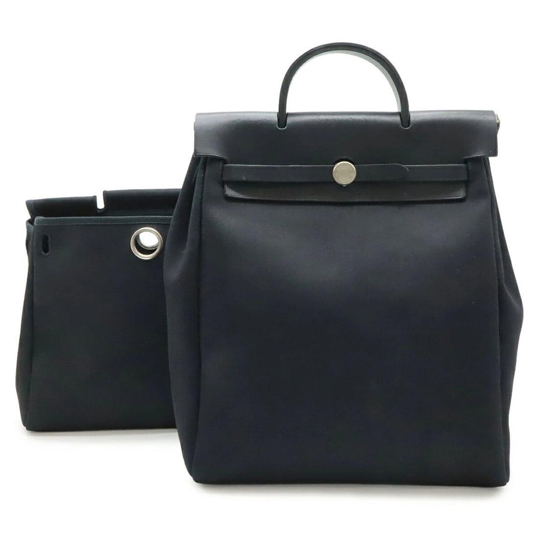 HERMES HERBAG AD PM BACKPACK HANDBAG: HERMES Herbag Ad PM Backpack Handbag Brand: Hermes Type/Style: Backpack, Handbag Material: Toile officier , Leather Color: Black Size: (HxWxD) 35cm x 28.5cm x 11cm / 13.77'' x 11.22'' x 4.33'' Acc