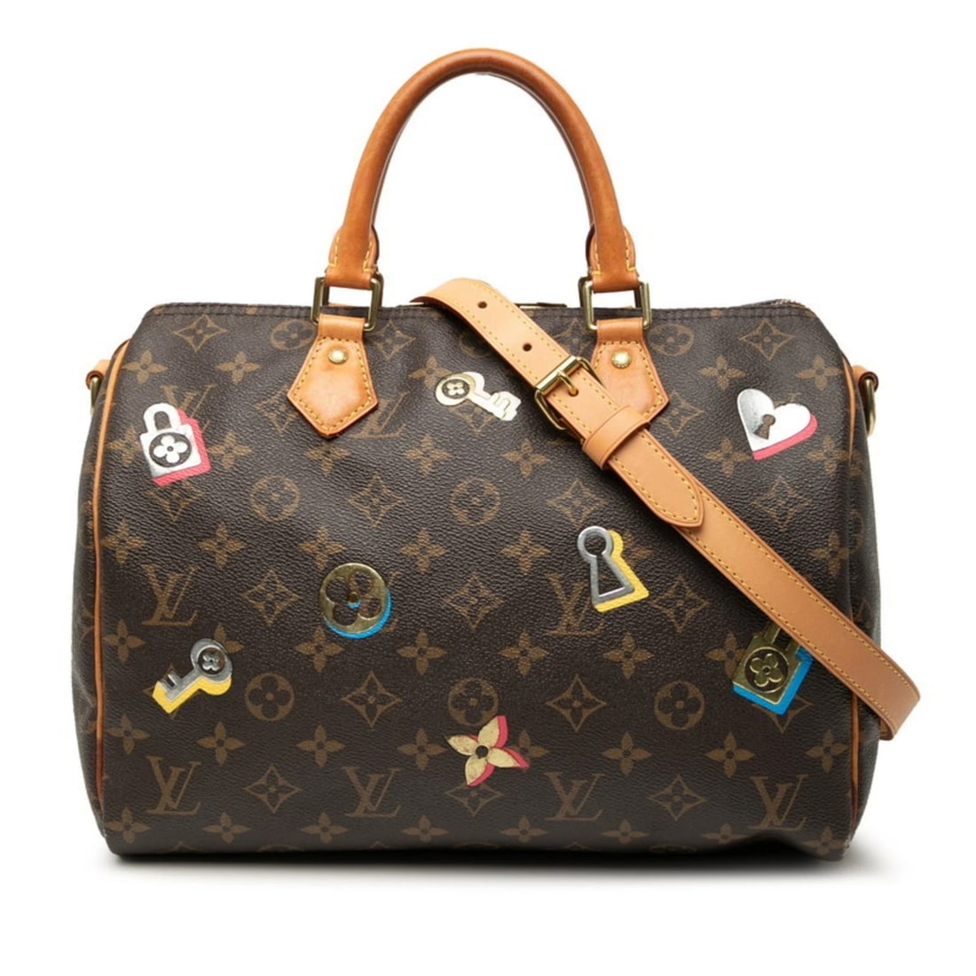 LOUIS VUITTON MONOGRAM LOVE LOCK SPEEDY BANDOULIERE: Louis Vuitton Monogram Love Lock Speedy Bandouliere Brand: Louis Vuitton Type/Style: Boston bag, Shoulder bag Material: Monogram Color: Brown, Monogram Size: (HxWxD) 21cm x 30cm x 17cm / 8.26'' x 11.8