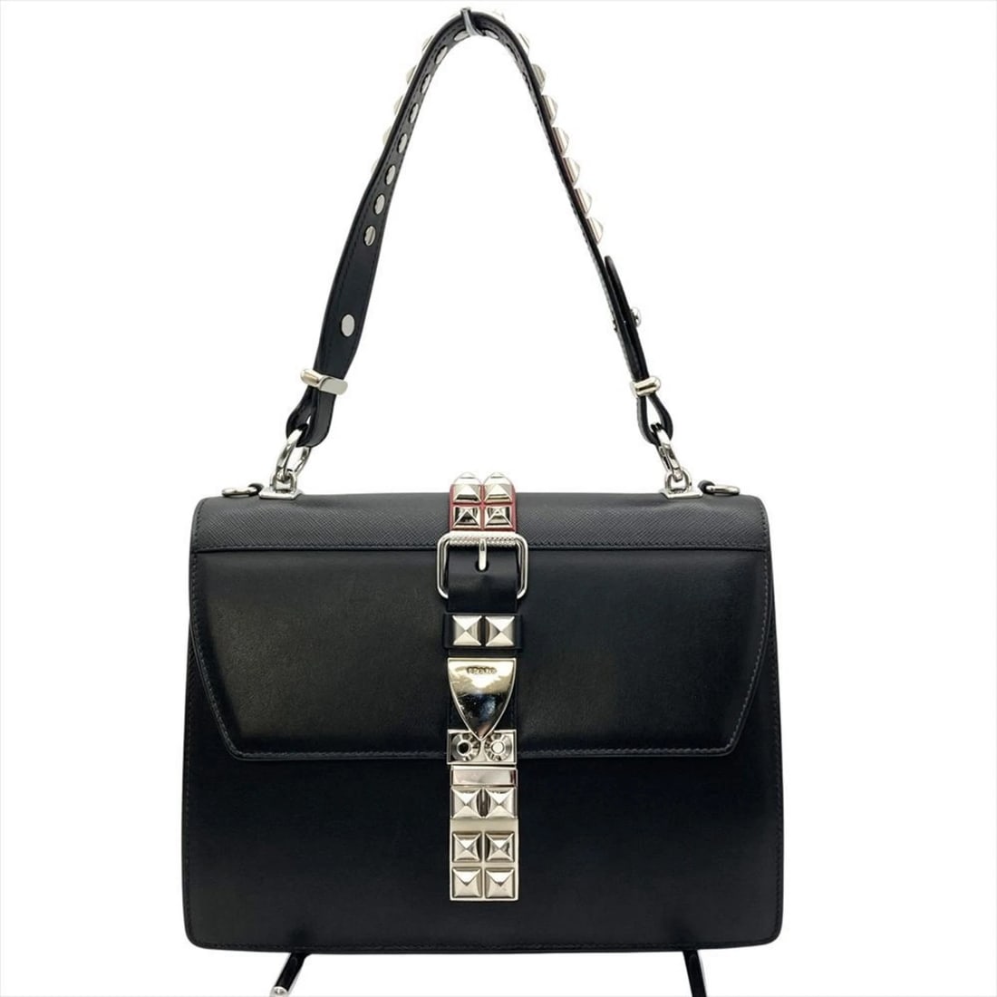 PRADA PRADA STUDDED SHOULDER BAG 2-WAY: Prada PRADA Studded Shoulder Bag 2-Way Brand: Prada Type/Style: Shoulder bag Material: Leather Color: Black Size: (HxWxD) 18.5cm x 26cm x 12cm / 7.28'' x 10.23'' x 4.72'' Accessories: None