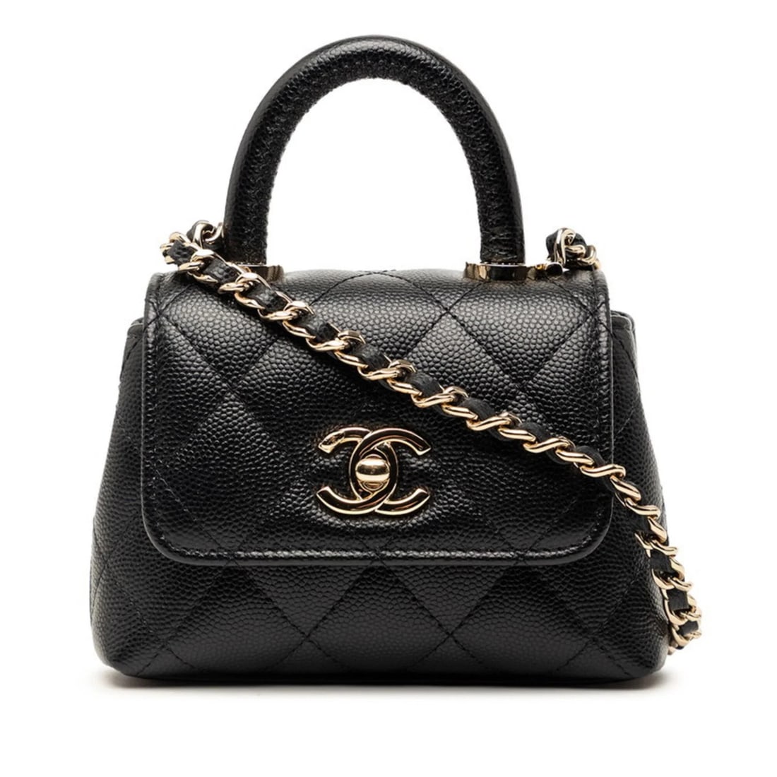 CHANEL MATELASSÉ COCO HANDLE MICRO HANDBAG CHAIN SHOULDER BAG: Chanel Matelassé Coco Handle Micro Handbag Chain Shoulder Bag Brand: Chanel Type/Style: Handbag, Shoulder bag Material: Grained Calfskin Color: Black Size: (HxWxD) 9cm x 13cm x 4cm / 3.54'' x 5.11'' 