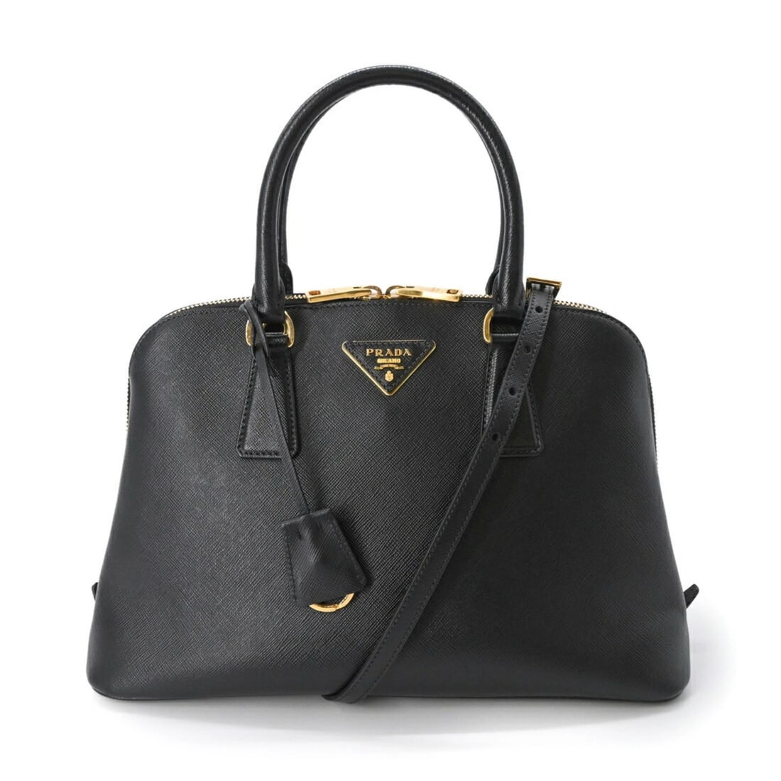 PRADA SAFFIANO LUX SHOULDER HANDBAG: PRADA Saffiano Lux Shoulder Handbag Brand: Prada Type/Style: Handbag Material: Saffiano triangle Color: Black Size: (HxWxD) 21cm x 32cm x 13cm / 8.26'' x 12.59'' x 5.11'' Accessories: None