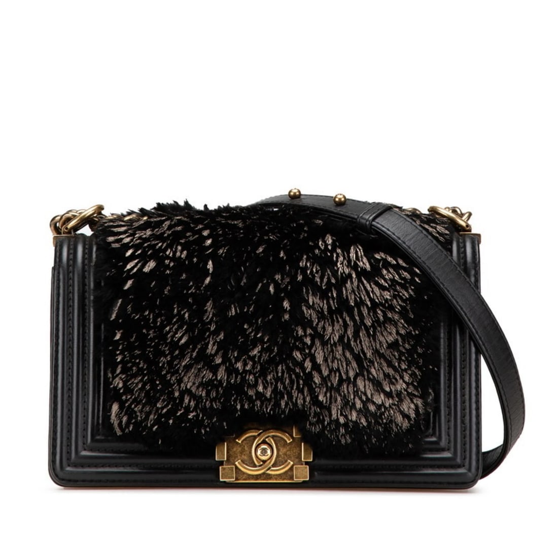 CHANEL COCO MARK BOY 25 CROSSBODY CHAIN SHOULDER BAG: Chanel Coco Mark Boy 25 Crossbody Chain Shoulder Bag Brand: Chanel Type/Style: Shoulder bag Material: Fur , Leather Color: Black Size: (HxWxD) 15cm x 25cm x 7cm / 5.9'' x 9.84'' x 2.75'' Accessori
