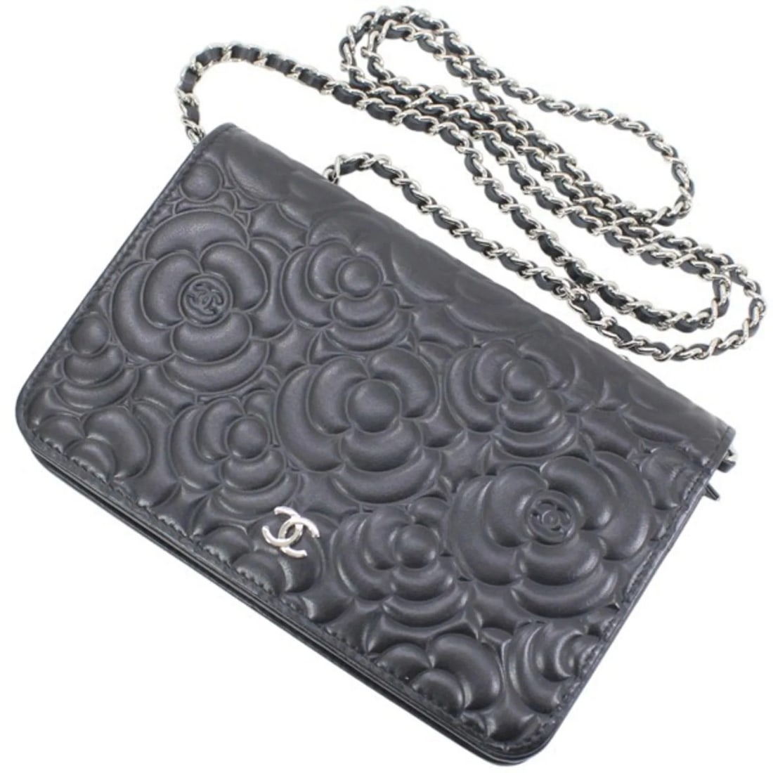 CHANEL BAG CHAIN WALLET SHOULDER WITH CAMELLIA AND COCO MARK: Chanel bag chain wallet shoulder with camellia and Coco mark Brand: Chanel Type/Style: Shoulder bag Material: Leather Color: Black Size: (HxWxD) 12.5cm x 19cm x 3cm / 4.92'' x 7.48'' x 1.18'' Acce