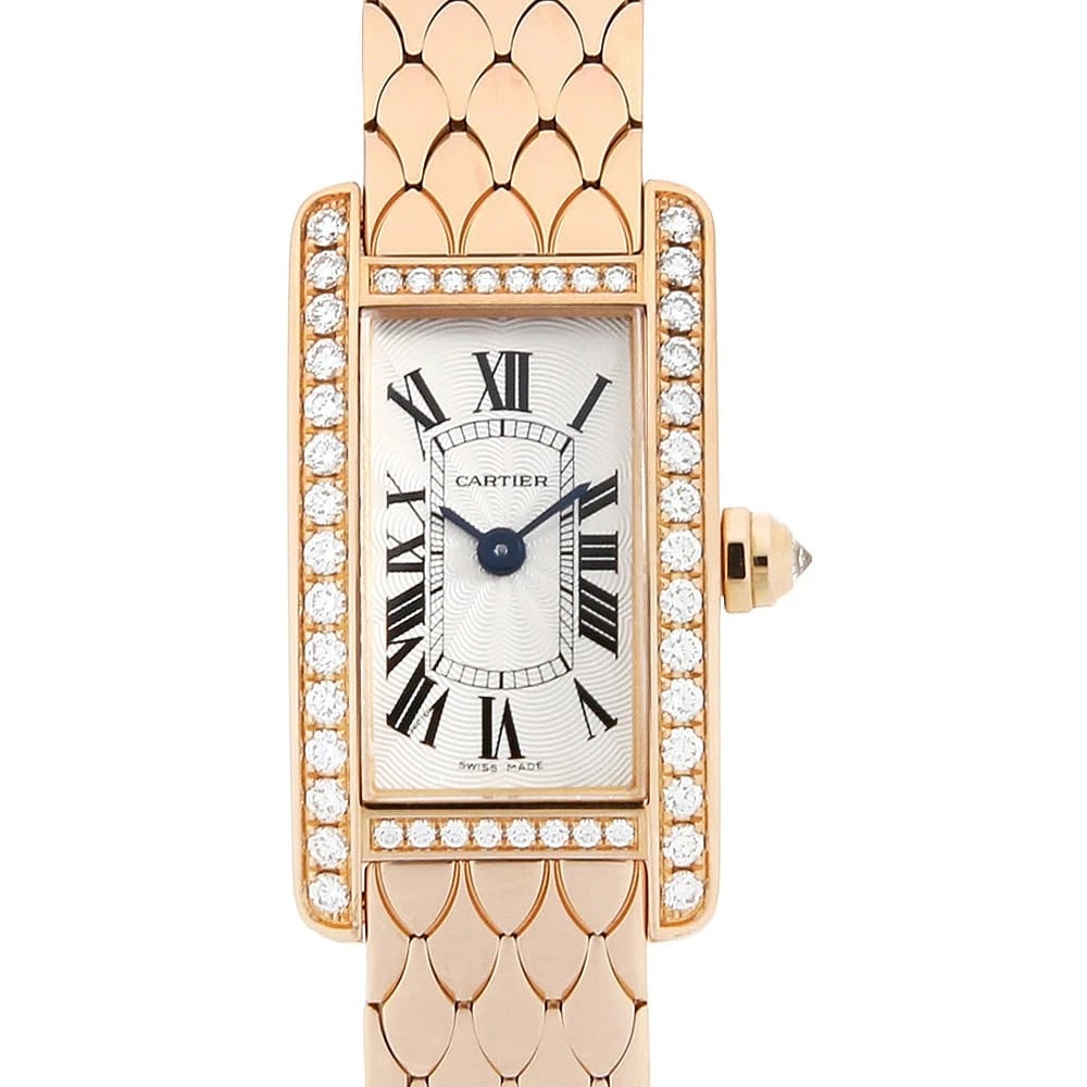 CARTIER TANK AMERICAN BEZEL DIAMOND WATCH: Cartier Tank American Bezel Diamond Watch Brand: Cartier Type: Wrist watch Material: Band Material Pink Gold, Case Material Pink Gold Color: Dial Color Silver Size: Case:W27mm x H15.2mm Circumference