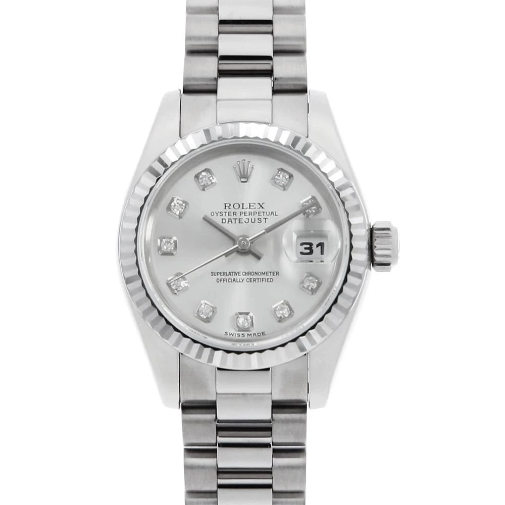 ROLEX DATEJUST DIAMOND SILVER WATCH: ROLEX Datejust Diamond Silver Watch Brand: ROLEX Type: Wrist watch Material: Band Material White Gold, Case Material White Gold Color: Dial Color Silver Size: Case:W26mm Circumference of Wrist:15.5cm 