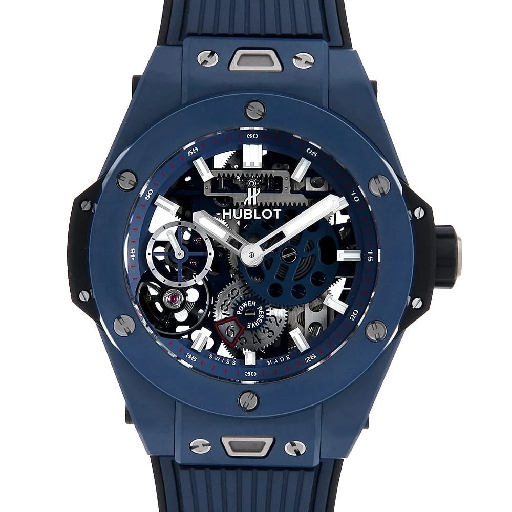 HUBLOT BIG BANG MECHA BLUE CERAMIC WATCH: HUBLOT Big Bang Mecha Blue Ceramic Watch Brand: HUBLOT Type: Wrist watch Material: Band Material rubber, Case Material NONE Color: Dial Color Skeleton Size: Case:W45mm Accessories: None Accessories