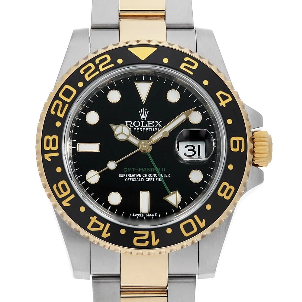 ROLEX GMT MASTER BLACK STICK WATCH: ROLEX GMT Master black Stick Watch Brand: ROLEX Type: Wrist watch Material: Band Material Stainless Steel/Yellow Gold, Case Material Stainless Steel/Yellow Gold Color: Dial Color Black Size: Case:W40m