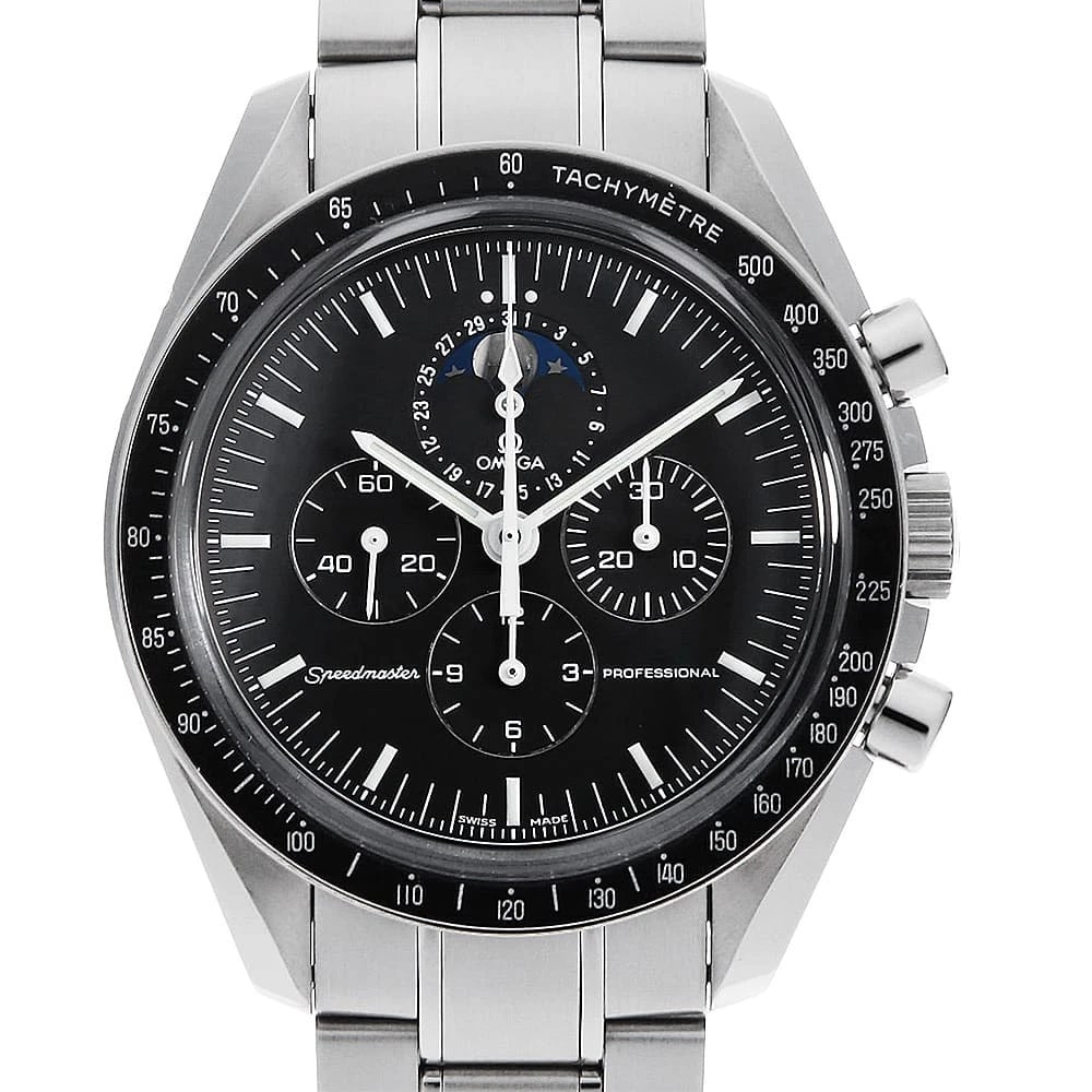 OMEGA SPEEDMASTER PROFESSIONAL MOONPHASE WATCH: OMEGA Speedmaster Professional Moonphase Watch Brand: OMEGA Type: Wrist watch Material: Band Material Stainless Steel, Case Material Stainless Steel Color: Dial Color Black Size: Case:W42mm