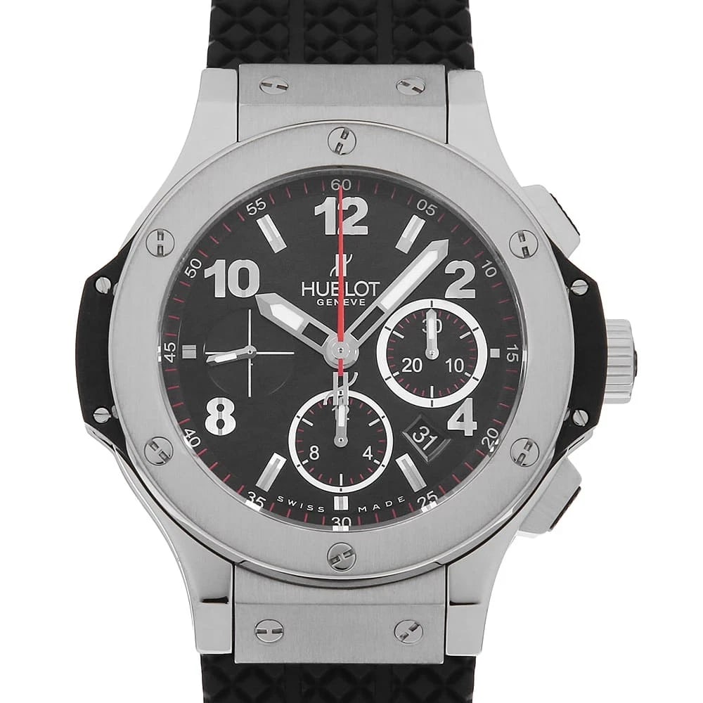 HUBLOT BIG BANG STEEL WATCH: HUBLOT Big bang steel Watch Brand: HUBLOT Type: Wrist watch Material: Band Material rubber, Case Material Stainless Steel Color: Dial Color Black Size: Case:W44mm Accessories: None Accessories