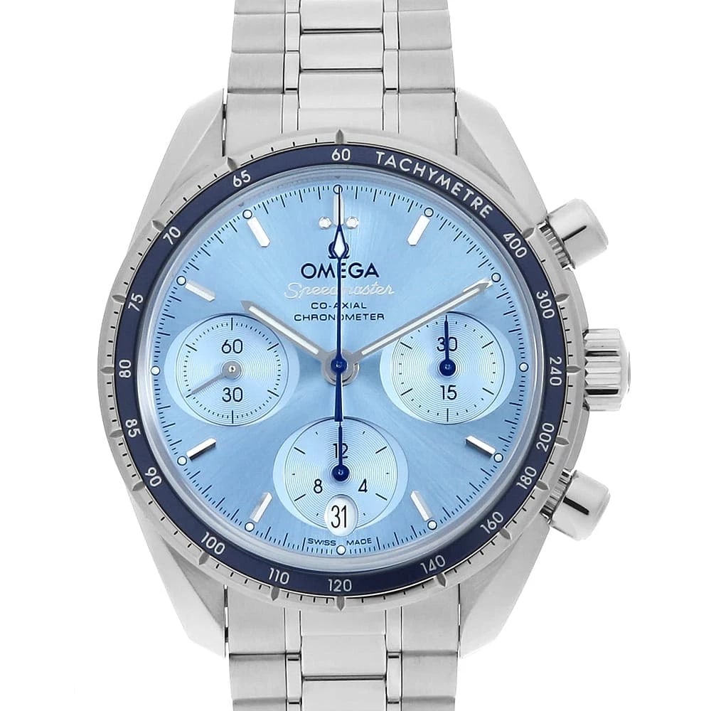 OMEGA SPEEDMASTER CO-AXIAL CHRONOGRAPH WATCH: OMEGA Speedmaster Co-Axial Chronograph Watch Brand: OMEGA Type: Wrist watch Material: Band Material Stainless Steel, Case Material Stainless Steel Color: Dial Color Blue Size: Case:W38mm Circumference