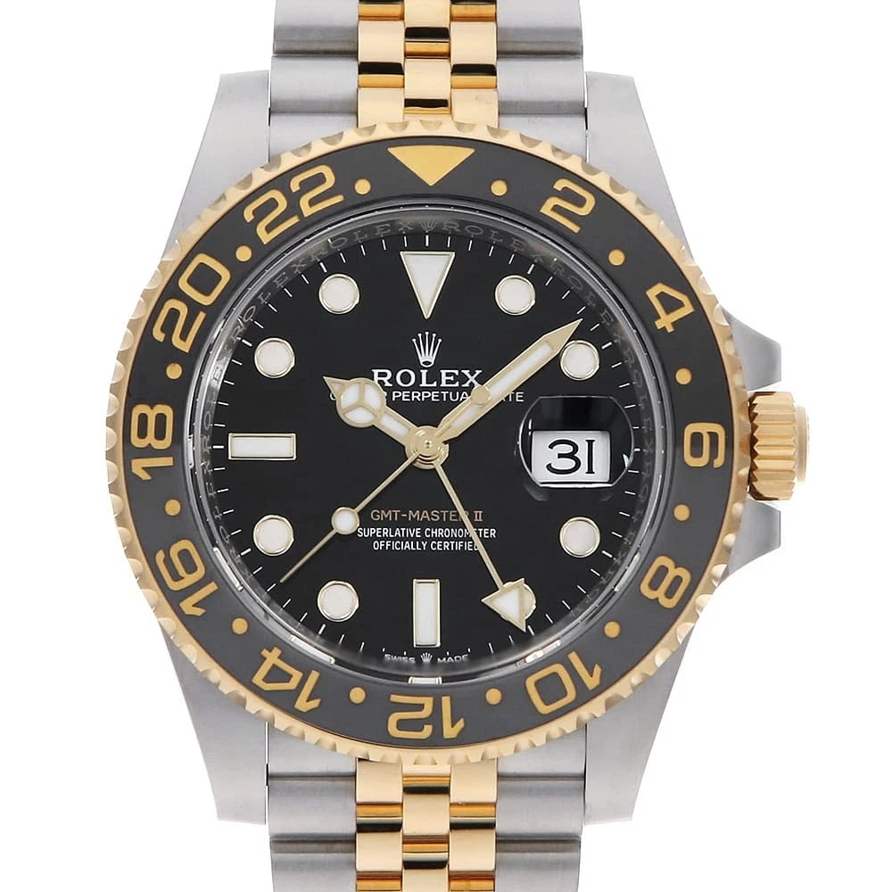 ROLEX GMT MASTER BLACK WATCH: ROLEX GMT Master black Watch Brand: ROLEX Type: Wrist watch Material: Band Material Stainless Steel/Yellow Gold, Case Material Stainless Steel/Yellow Gold Color: Dial Color Black Size: Case:W40mm Circ