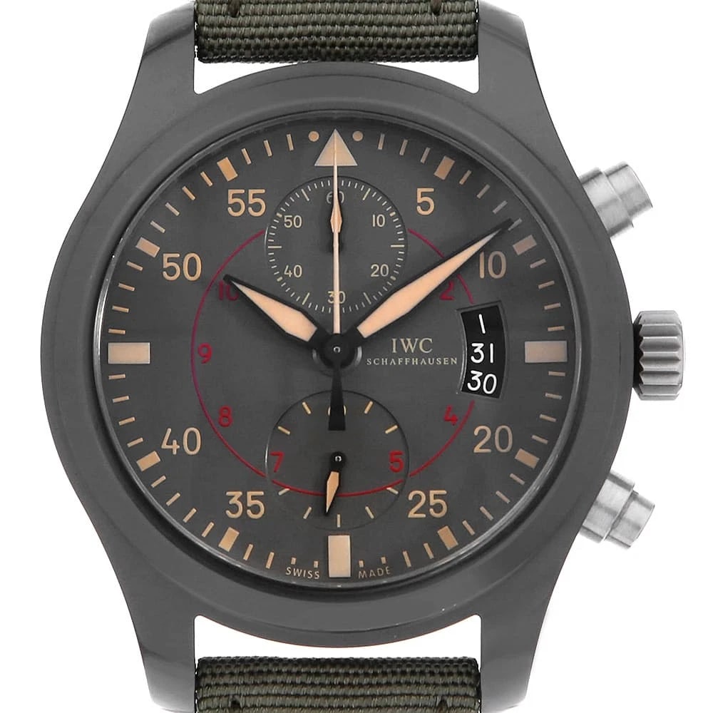IWC PILOT'S WATCH CHRONOGRAPH TOP GUN MIRAMAR WATCH: IWC Pilot's Watch Chronograph Top Gun Miramar Watch Brand: IWC Type: Wrist watch Material: Band Material Nylon, Case Material Titanium Color: Dial Color Gray Size: Case:W46mm Accessories: None