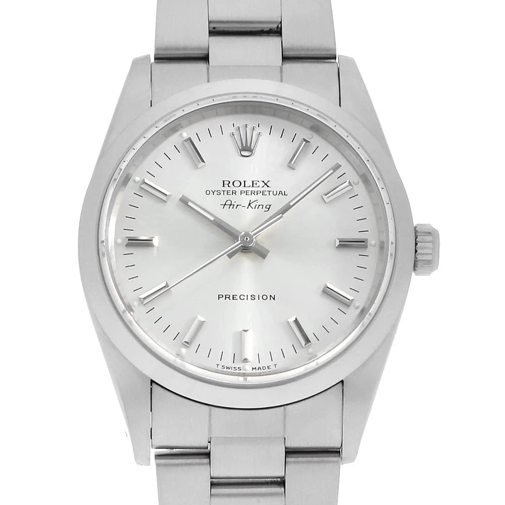 ROLEX AIR KING SILVER WATCH: ROLEX Air king Silver Watch Brand: ROLEX Type: Wrist watch Material: Band Material Stainless Steel, Case Material Stainless Steel Color: Dial Color Silver Size: Case:W34mm Circumference of Wrist:18cm 