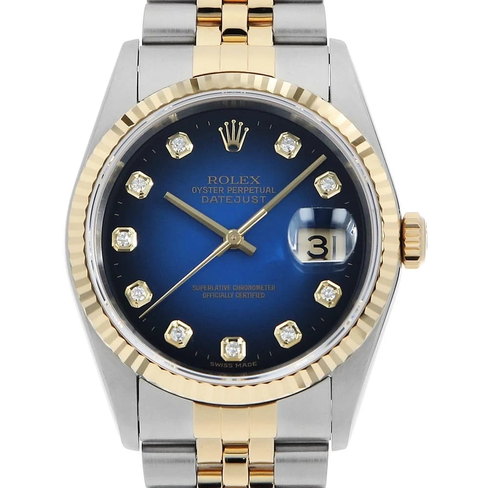 ROLEX DATEJUST DIAMOND BLUE WATCH: ROLEX Datejust Diamond blue Watch Brand: ROLEX Type: Wrist watch Material: Band Material Stainless Steel/Yellow Gold, Case Material Stainless Steel/Yellow Gold Color: Dial Color Blue Size: Case:W36mm 