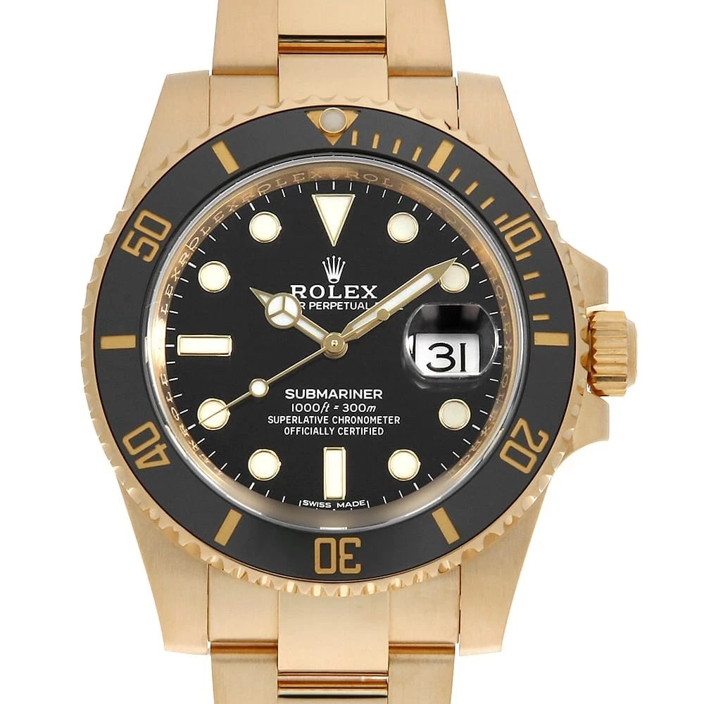 ROLEX SUBMARINER DATE BLACK WATCH: ROLEX SUBMARINER Date black Watch Brand: ROLEX Type: Wrist watch Material: Band Material Yellow Gold, Case Material Yellow Gold Color: Dial Color Black Size: Case:W40mm Circumference of Wrist:19.5cm