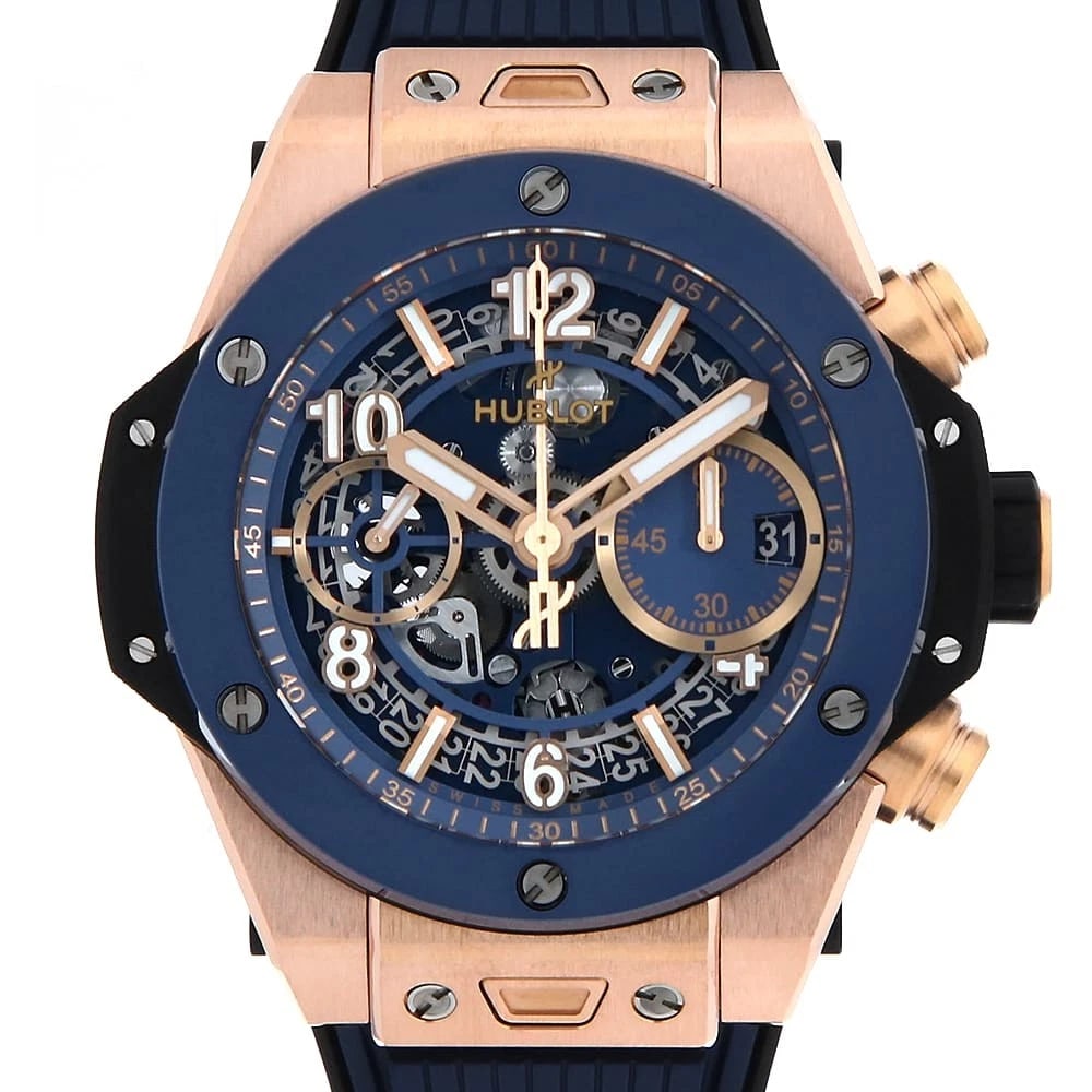 HUBLOT BIG BANG UNICO KING GOLD BLUE CERAMIC WATCH: HUBLOT Big Bang Unico King Gold Blue Ceramic Watch Brand: HUBLOT Type: Wrist watch Material: Band Material rubber, Case Material King Gold Color: Dial Color Skeleton Size: Case:W42mm Accessories: