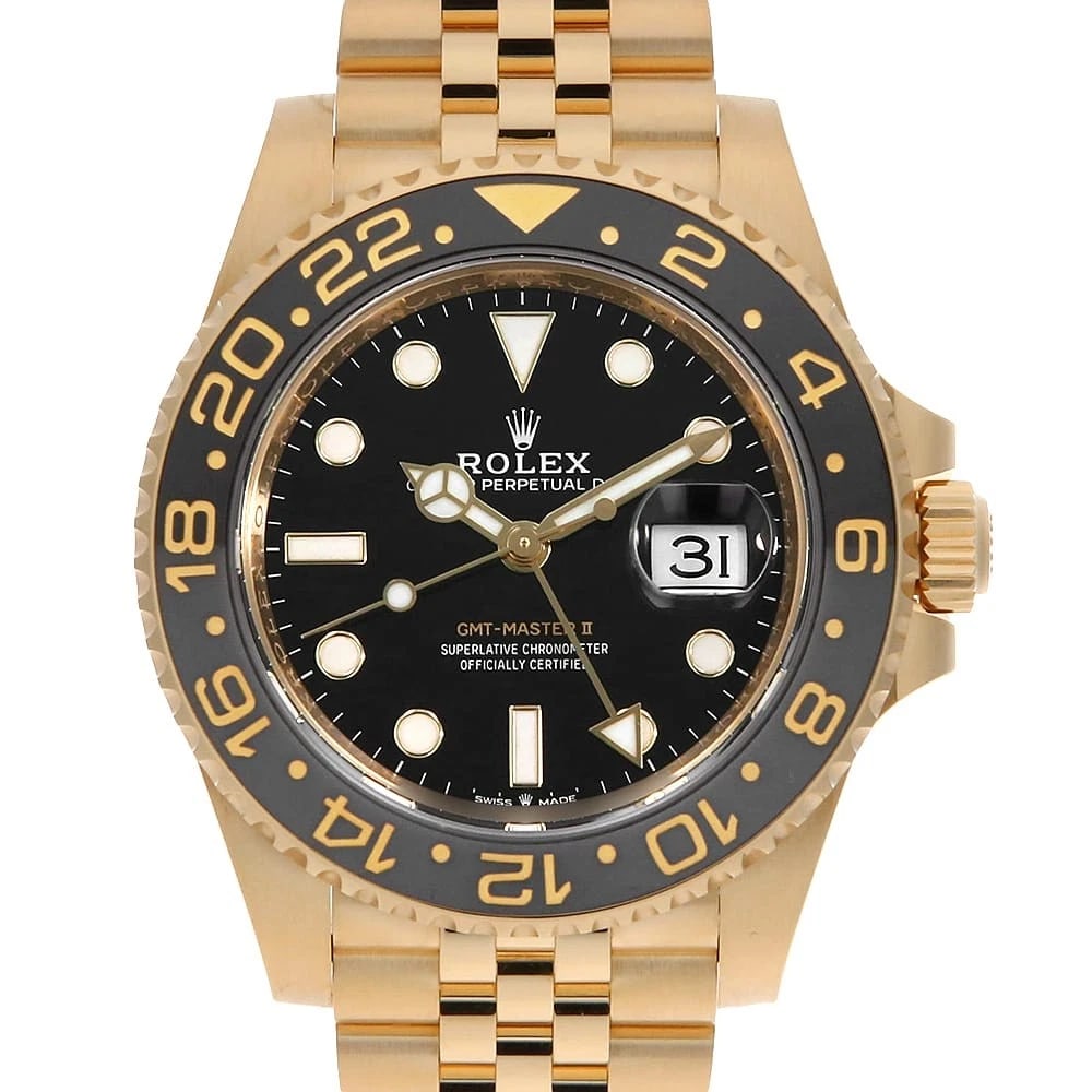 ROLEX GMT MASTER BLACK WATCH: ROLEX GMT Master black Watch Brand: ROLEX Type: Wrist watch Material: Band Material Yellow Gold, Case Material Yellow Gold Color: Dial Color Black Size: Case:W40mm Circumference of Wrist:19cm Acce