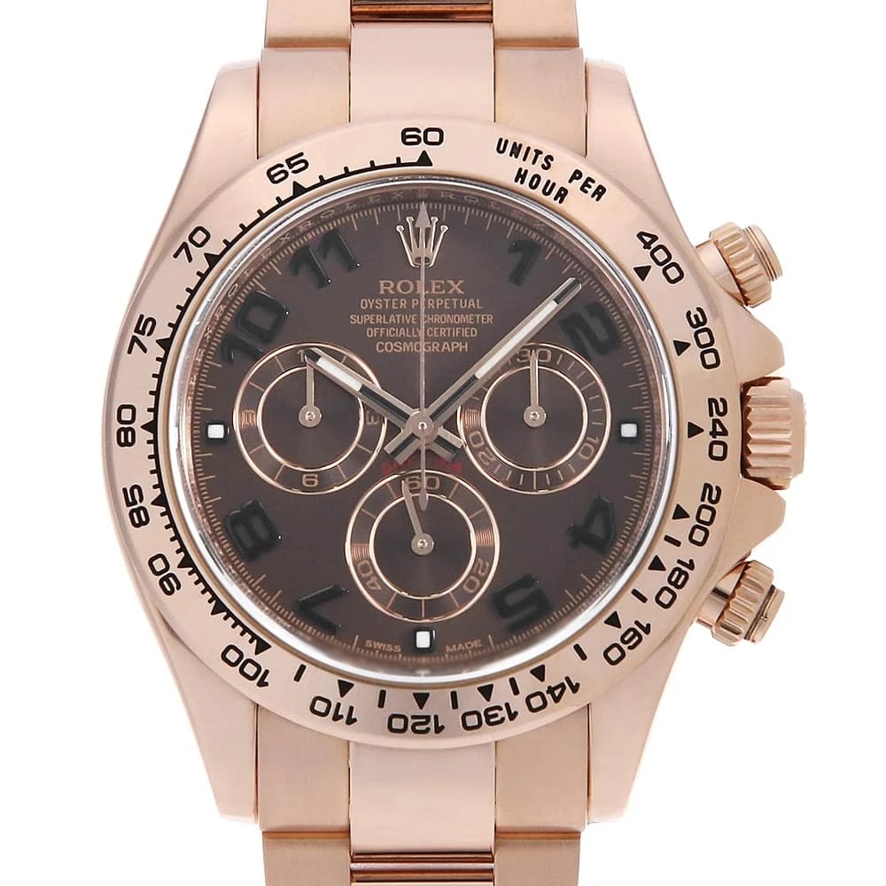 ROLEX COSMOGRAPH DAYTONA CHOCOLATE BROWN WATCH: ROLEX Cosmograph Daytona Chocolate brown Watch Brand: ROLEX Type: Wrist watch Material: Band Material Everose Gold, Case Material Everose Gold Color: Dial Color Chocolate Brown Size: Case:W40mm