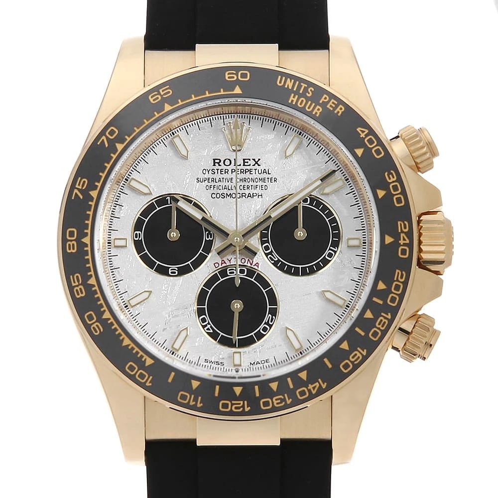 ROLEX COSMOGRAPH DAYTONA METEOLITE WATCH: ROLEX Cosmograph Daytona Meteolite Watch Brand: ROLEX Type: Wrist watch Material: Band Material rubber, Case Material Yellow Gold Color: Dial Color Meteorite Size: Case:W40mm Circumference of