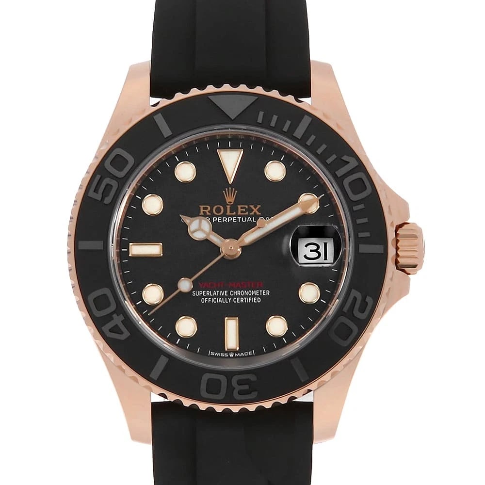 ROLEX YACHT MASTER BLACK WATCH: ROLEX Yacht Master black Watch Brand: ROLEX Type: Wrist watch Material: Band Material rubber, Case Material Everose Gold Color: Dial Color Black Size: Case:W37mm Circumference of Wrist:17.5cm