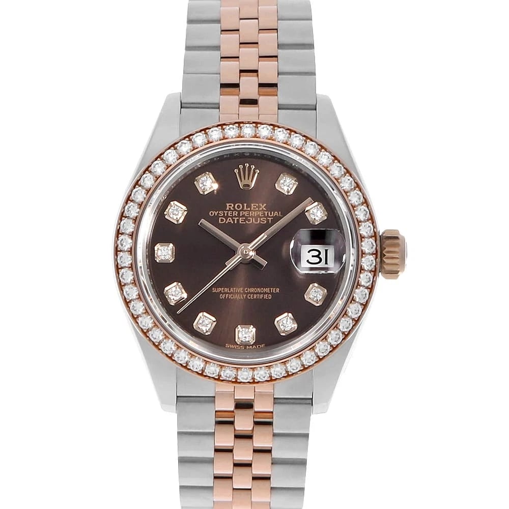 ROLEX DATEJUST BEZEL DIAMOND CHOCOLATE BROWN WATCH: ROLEX Datejust bezel diamond Chocolate brown Watch Brand: ROLEX Type: Wrist watch Material: Band Material Stainless Steel/Everose Gold, Case Material Stainless Steel/Everose Gold Color: Dial Color