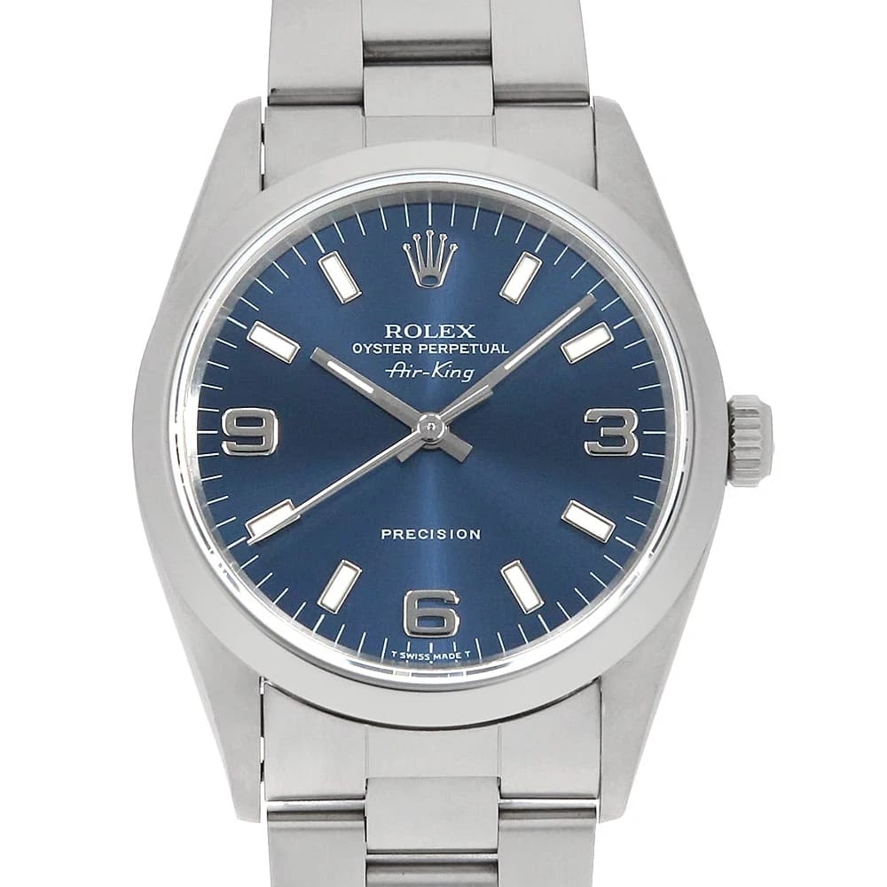ROLEX AIR KING BLUE WHITE WATCH: ROLEX Air king blue white Watch Brand: ROLEX Type: Wrist watch Material: Band Material Stainless Steel, Case Material Stainless Steel Color: Dial color Blue Size: Case:W34mm Circumference of