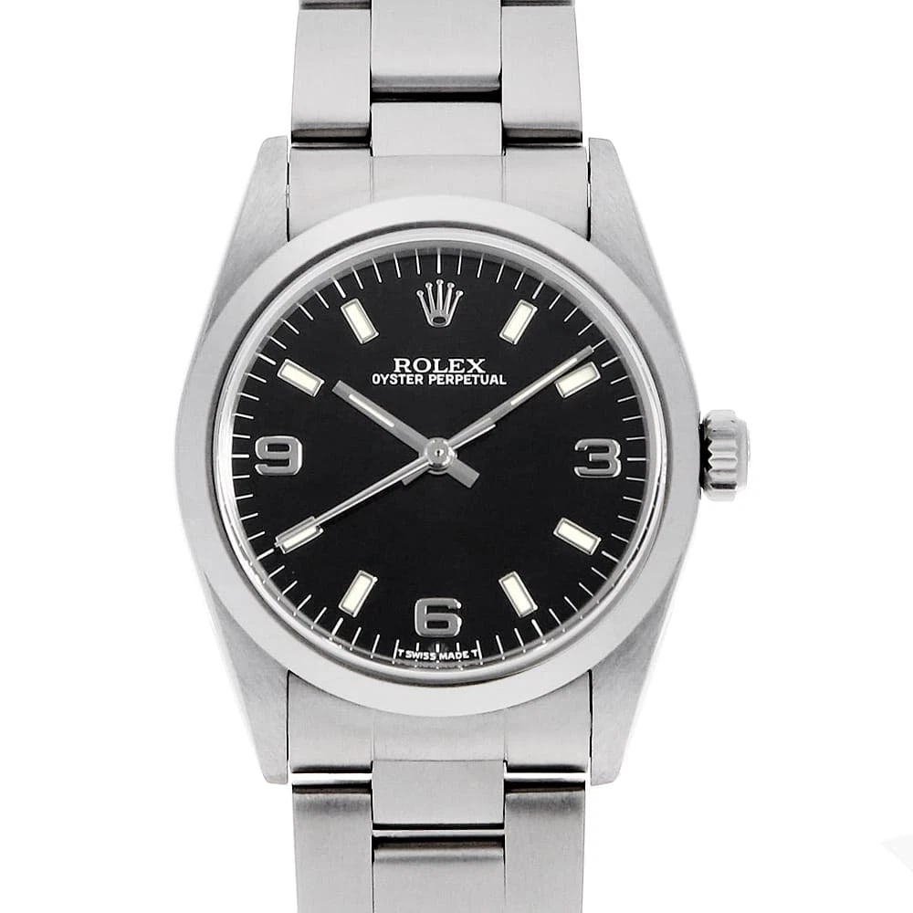 ROLEX OYSTER PERPETUAL BLACK WHITE WATCH: ROLEX Oyster perpetual black white Watch Brand: ROLEX Type: Wrist watch Material: Band Material Stainless Steel, Case Material Stainless Steel Color: Dial color Black Size: Case:W30mm Circumference