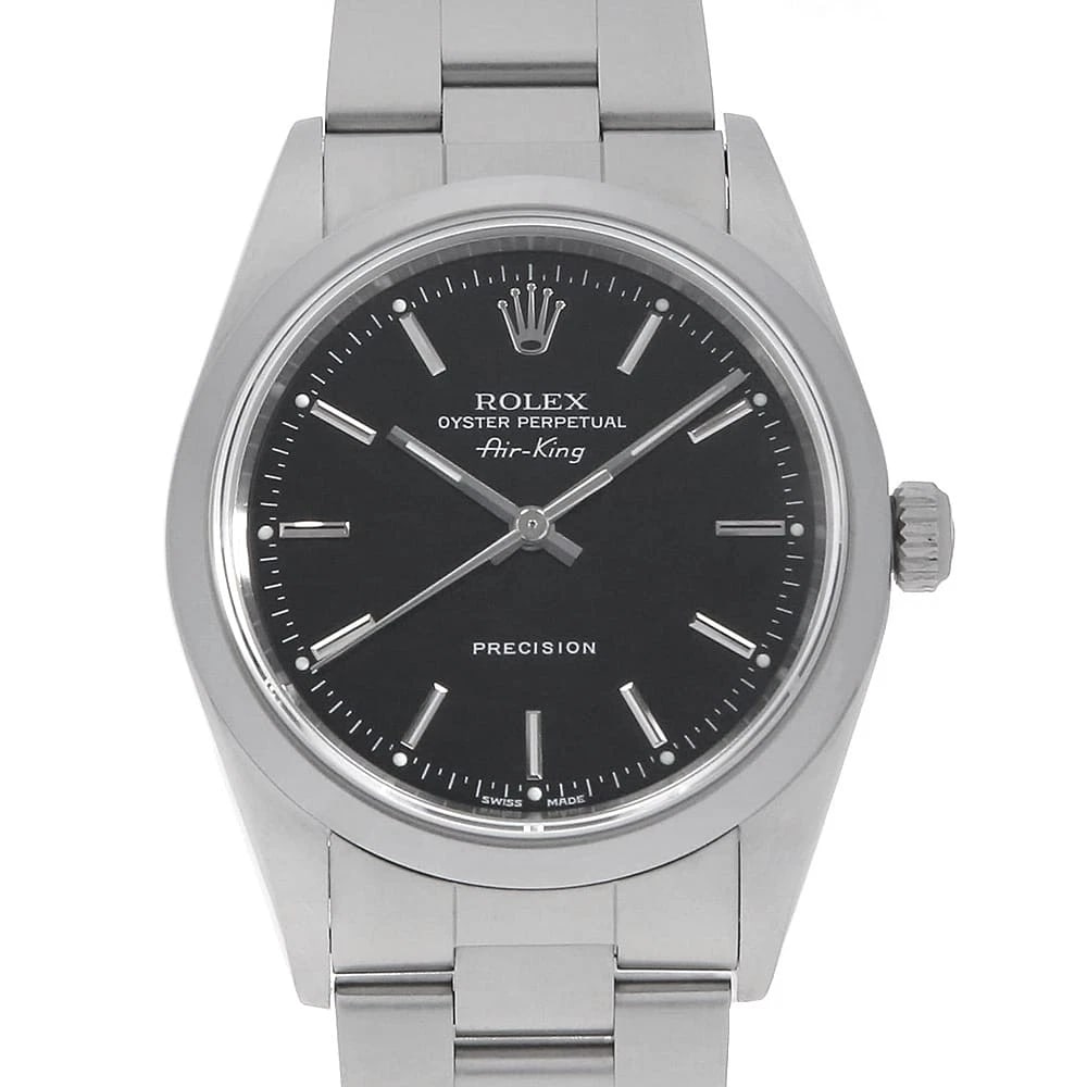 ROLEX AIR KING BLACK WATCH: ROLEX Air king black Watch Brand: ROLEX Type: Wrist watch Material: Band Material Stainless Steel, Case Material Stainless Steel Color: Dial color Black Size: Case:W34mm Circumference of Wrist:18cm