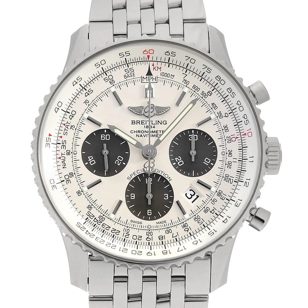 BREITLING NAVITIMER SILVER GRAY WATCH: BREITLING Navitimer Silver Gray Watch Brand: BREITLING Type: Wrist watch Material: Band Material Stainless Steel, Case Material Stainless Steel Color: Dial color Silver Size: Case:W43mm Circumference