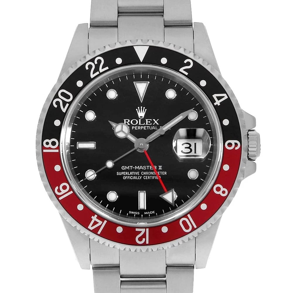 ROLEX GMT MASTER RED AND BLACK BEZEL WATCH: ROLEX GMT Master Red and Black Bezel Watch Brand: ROLEX Type: Wrist watch Material: Band Material Stainless Steel, Case Material Stainless Steel Color: Dial color Black Size: Case:W40mm Circumference