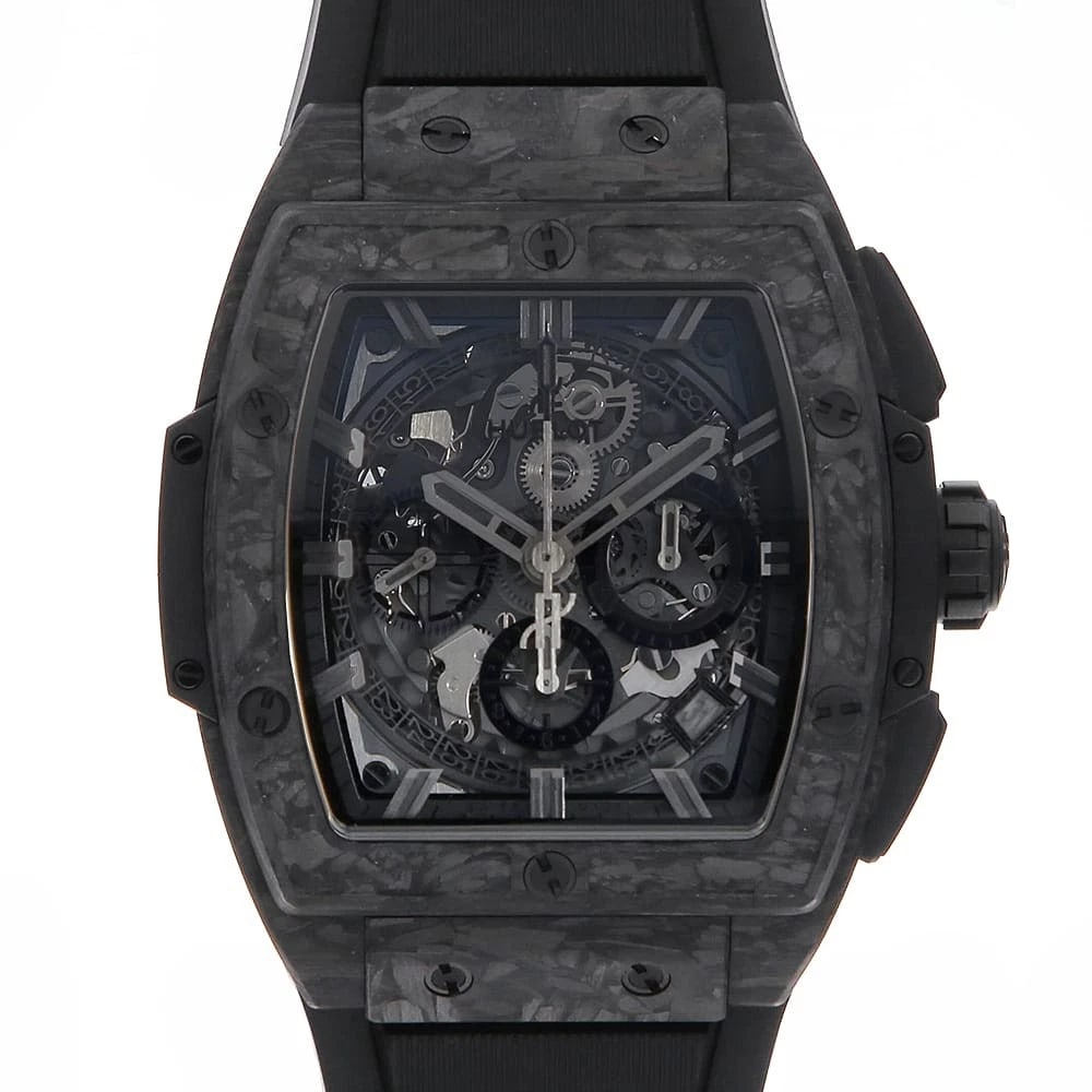 HUBLOT SPIRIT OF BIG BANG FROSTED CARBON WATCH: HUBLOT Spirit of Big Bang Frosted Carbon Watch Brand: HUBLOT Type: Wrist watch Material: Band Material rubber, Case Material Carbon Color: Dial color Skeleton Size: Case:W42mm Accessories: None