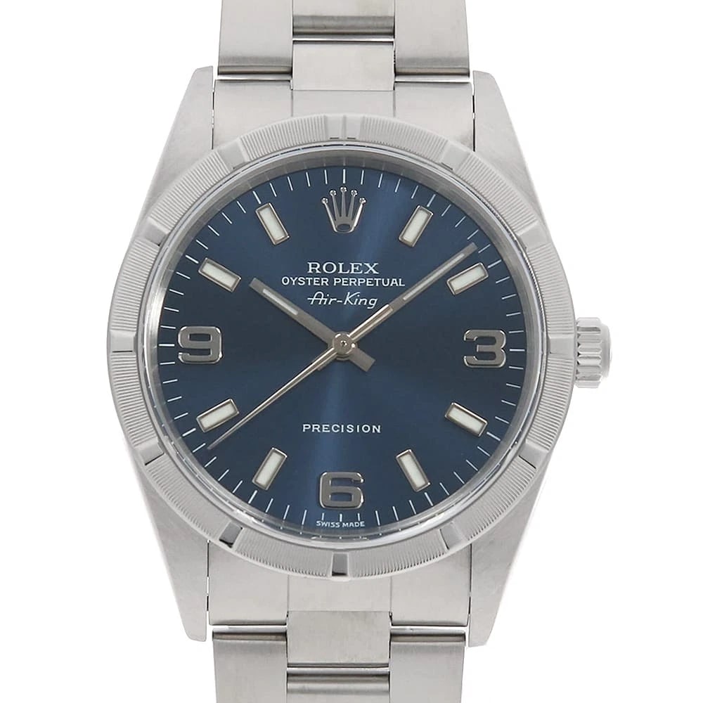 ROLEX AIR KING BLUE WHITE WATCH: ROLEX Air king blue white Watch Brand: ROLEX Type: Wrist watch Material: Band Material Stainless Steel, Case Material Stainless Steel Color: Dial color Blue Size: Case:W34mm Circumference of