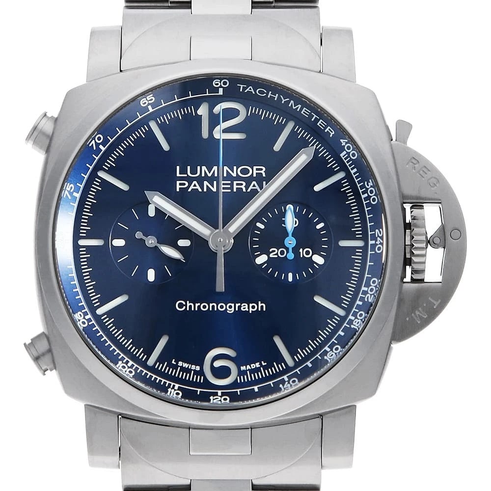 PANERAI LUMINOR CHRONO WATCH: PANERAI Luminor Chrono Watch Brand: PANERAI Type: Wrist watch Material: Band Material Stainless Steel, Case Material Stainless Steel Color: Dial color Blue Size: Case:W44mm Circumference of