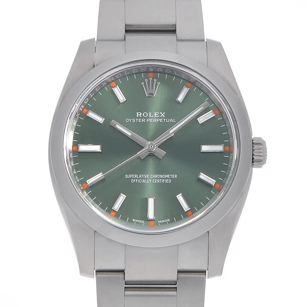 ROLEX OYSTER PERPETUAL OLIVE GREEN WATCH: ROLEX Oyster perpetual Olive green Watch Brand: ROLEX Type: Wrist watch Material: Band Material Stainless Steel, Case Material Stainless Steel Color: Dial color Olive Green Size: Case:W34mm