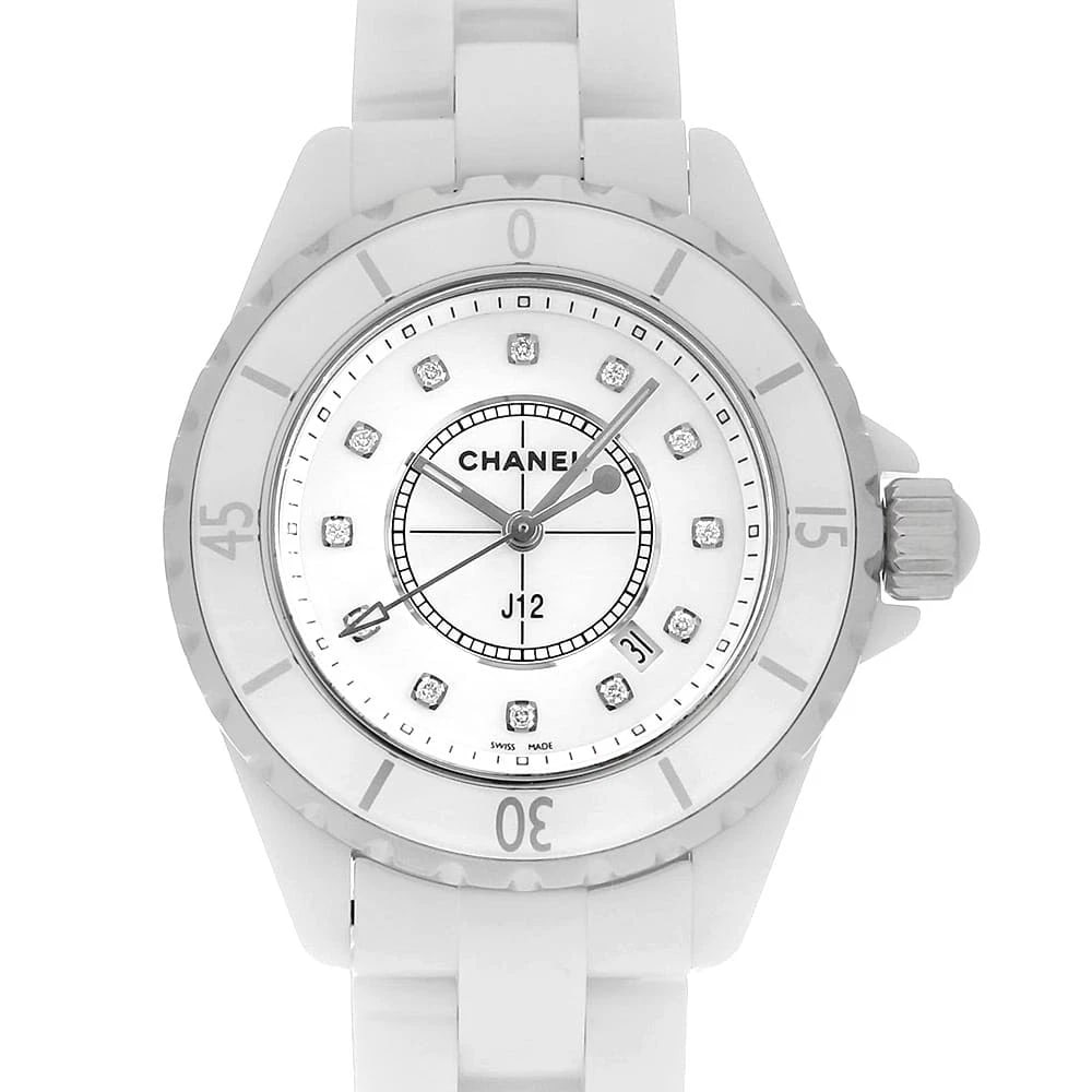 CHANEL J12 WHITE CERAMIC DIAMOND WATCH: CHANEL J12 White Ceramic Diamond Watch Brand: CHANEL Type: Wrist watch Material: Band Material Ceramic, Case Material Ceramic Color: Dial color White Size: Case:W33mm Circumference of Wrist:16.5cm