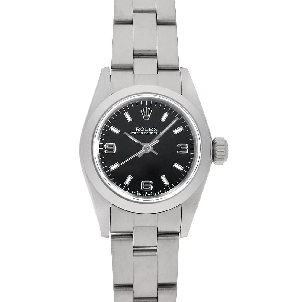 ROLEX OYSTER PERPETUAL BLACK WHITE WATCH: ROLEX Oyster perpetual black white Watch Brand: ROLEX Type: Wrist watch Material: Band Material Stainless Steel, Case Material Stainless Steel Color: Dial color Black Size: Case:W24mm Circumference