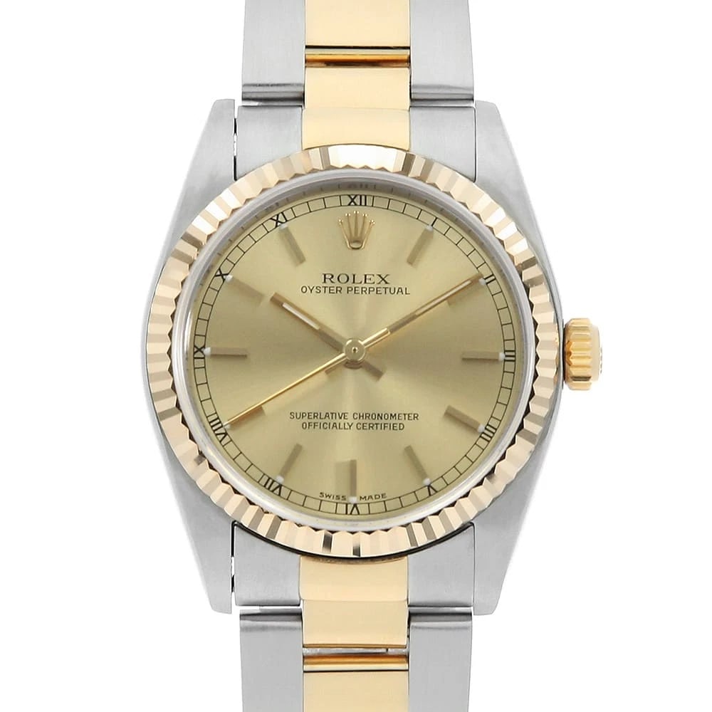 ROLEX OYSTER PERPETUAL CHAMPAGNE WATCH: ROLEX Oyster perpetual Champagne Watch Brand: ROLEX Type: Wrist watch Material: Band Material Stainless Steel/Yellow Gold, Case Material Stainless Steel/Yellow Gold Color: Dial color Champagne Gold