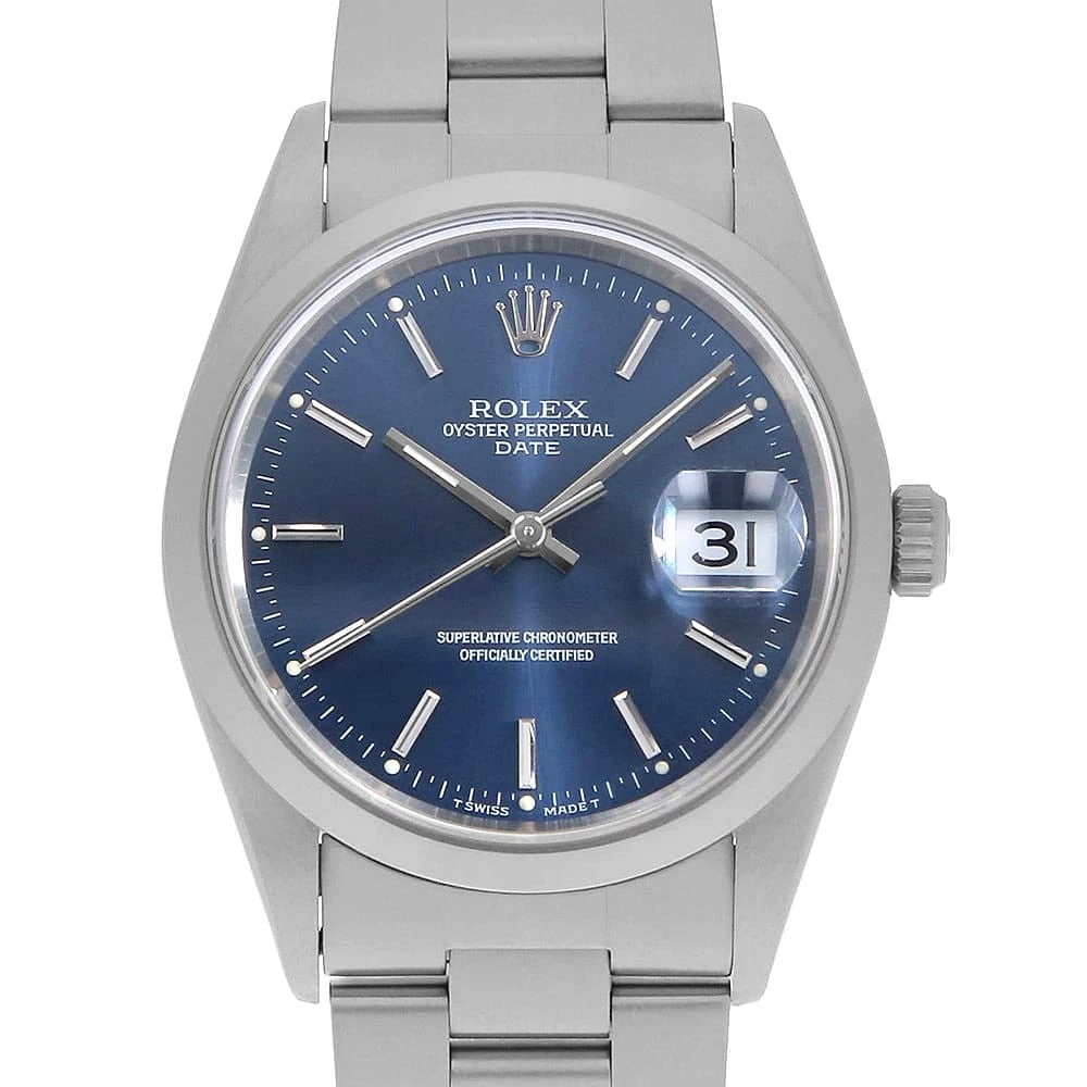 ROLEX OYSTER PERPETUAL DATE BLUE WATCH: ROLEX Oyster Perpetual Date blue Watch Brand: ROLEX Type: Wrist watch Material: Band Material Stainless Steel, Case Material Stainless Steel Color: Dial color Blue Size: Case:W34mm Circumference of