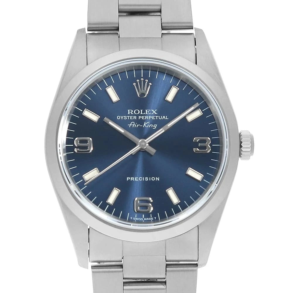 ROLEX AIR KING BLUE WHITE WATCH: ROLEX Air king blue white Watch Brand: ROLEX Type: Wrist watch Material: Band Material Stainless Steel, Case Material Stainless Steel Color: Dial color Blue Size: Case:W34mm Circumference of Wrist:19c