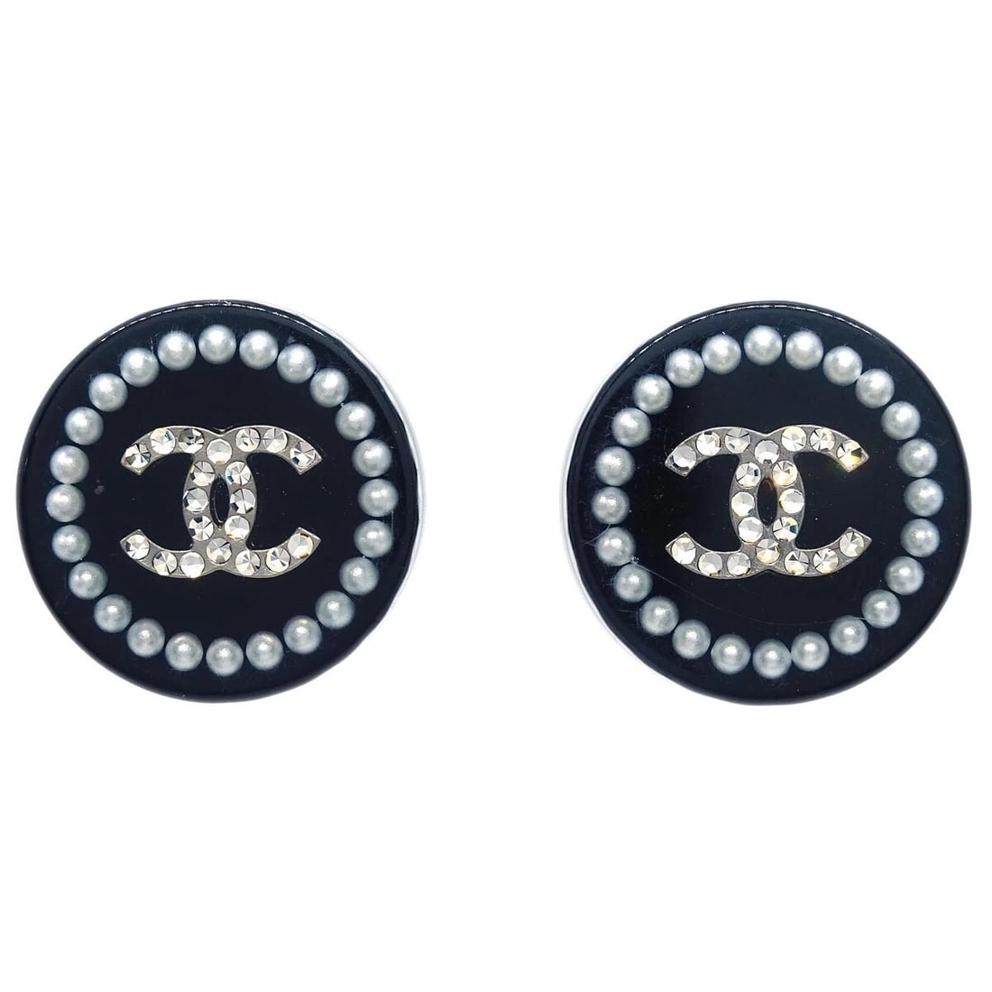 CHANEL BUTTON PIERCED EARRINGS BLACK RHINESTONE ARTIFICIAL PEARL: Chanel Button Pierced Earrings Black Rhinestone Artificial Pearl Brand: CHANEL Type/Style: Earrings Material: Silver plated Acrylic Rhinestone Artificial Pearl Color: SILVER,BLACK Size: Diameter : 1.5