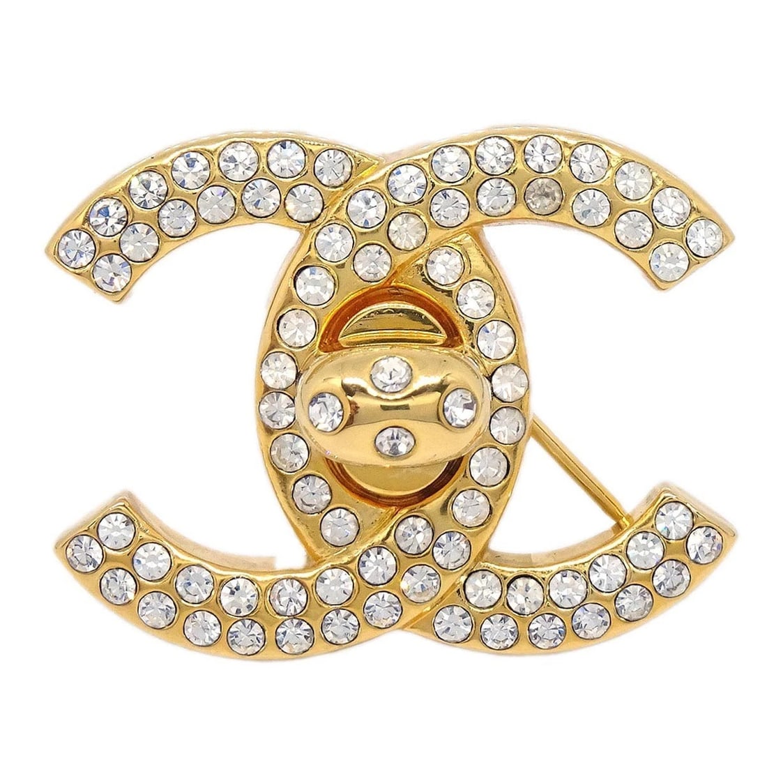 CHANEL TURNLOCK RHINESTONE CHARM BROOCH PIN GOLD: Chanel Turnlock Rhinestone Charm Brooch Pin Gold Brand: CHANEL Type/Style: Brooch Material: Gold Plated Rhinestone Color: GOLD Size: W 3.2 x H 2.5 cm Accessories: None Accessories Notice: