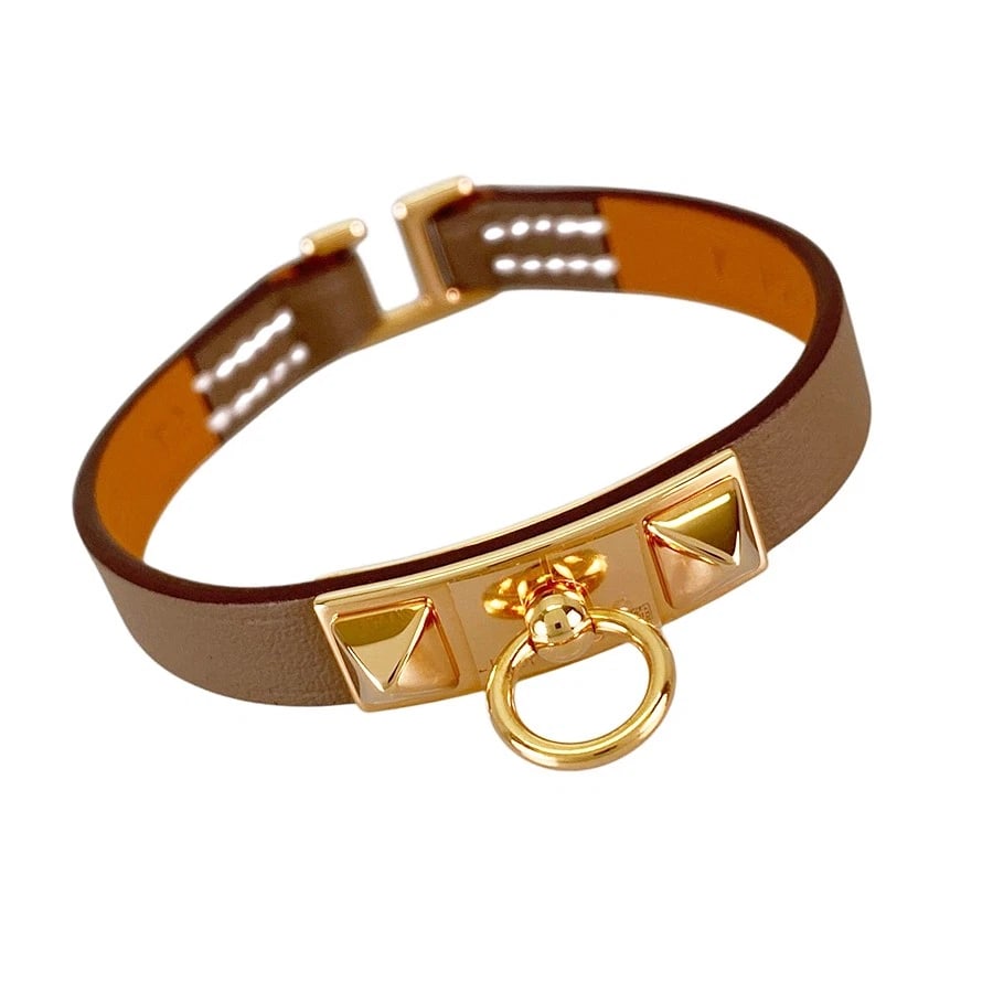 HERMES MINI RIVAL GOLD PLATED BRACELET: HERMES Mini Rival Gold plated Bracelet Brand: HERMES Type/Style: Bracelet Material: Gold Plated Leather Color: Rose Gold Etoupe Size: Wrist Size:14.5cm Accessories: None Accessories Notice: