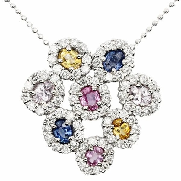 18K WG DIAMOND COLORED SAPPHIRE NECKLACE: 18K WG Diamond Colored Sapphire Necklace Brand: Unbranded Type/Style: Necklace Material: K18WG, Main Stone/Creation Sapphire Color: WG Size: Length: Approx. 36cm/39.5cm Top: approx. 23Wmm x H23mm