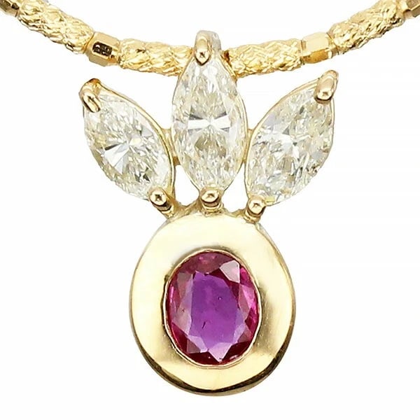 18K YG RUBY DIAMOND NECKLACE: 18K YG Ruby Diamond Necklace Brand: Unbranded Type/Style: Necklace Material: K18YG, Main Stone/Creation Ruby Color: YG Size: Length: Approx. 41cm/46cm Top: approx. W14mm x H13mm Accessories: None