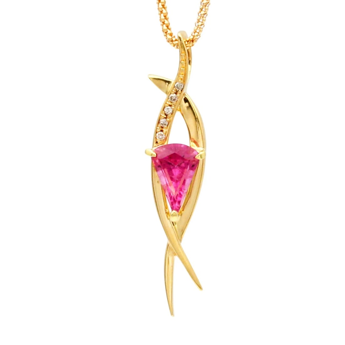18K YG PINK TOURMALINE DIAMOND SLIDE CHAIN NECKLACE: 18K YG Pink Tourmaline Diamond Slide Chain Necklace Brand: Unbranded Type/Style: Pendant Material: K18YG, Main Stone/Creation pink tourmaline Color: YG Size: Length: approx. 44cm Top: approx. W8mm x H