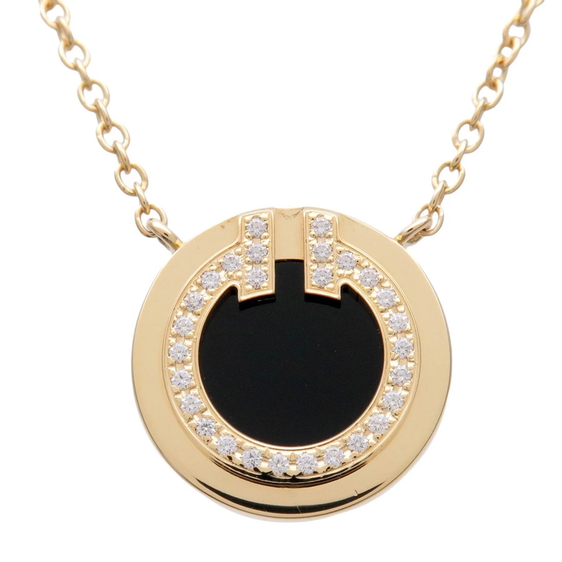 TIFFANY & CO. T TWO CIRCLE NECKLACE 18K: Tiffany & Co. T Two Circle Necklace 18K Brand: Tiffany & Co. Type/Style: Necklace Material: 750YG, Main Stone/Creation Onyx Color: YG Size: W: 11.3 mm H: 11.3 mm D: 2.1 mm ??Chain length (neck circumf