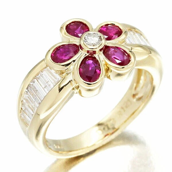 FLOWER MOTIF RUBY DIAMOND RING 18K YELLOW GOLD: Flower Motif Ruby Diamond Ring 18K Yellow Gold Brand: Unbranded Type/Style: Ring Material: K18YG, Main Stone/Creation ruby Color: YG Size: 6US Accessories: None Accessories Notice: When pu